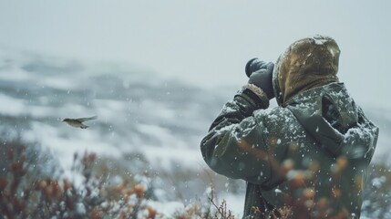 A bird watcher observes migratory patterns and nesting behaviors of birds during bad weather,