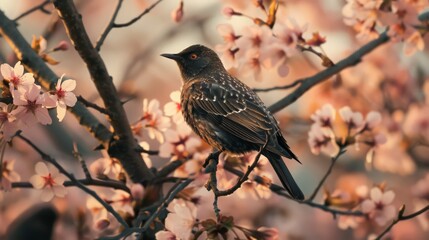 Fototapeta premium A birdwatcher observes migrating birds resting among cherry blossom branches,