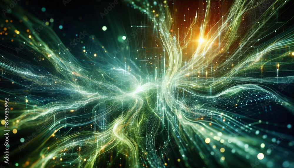 Aufkleber abstract green energy particles and waves magical bright glowing futuristic hitech with blur effect