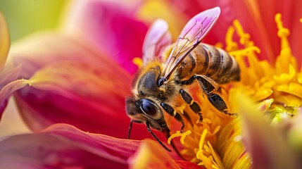 Macro shot of a honeybee collecting nectar from a colorful flower, with the texture of its wings and body clearly shown