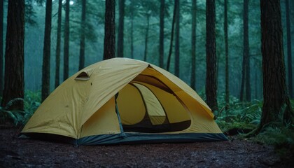 A Yellow Tent in the Forest on a Rainy Day