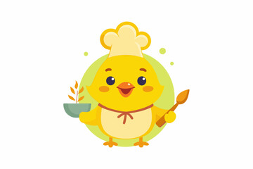  A cheerful and modern vector icon, featuring a cute, smiling yellow chick. The chick is cooking, vector illustration 