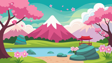 Fototapeta premium A pink blossom forest with a pond, cherry trees, mountains, and a Japanese garden with a lake, sakura, and rock cartoon background 