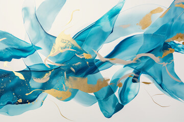 Abstract Blue and Gold Fluid Art Painting with Flowing Shapes and Rich Textures