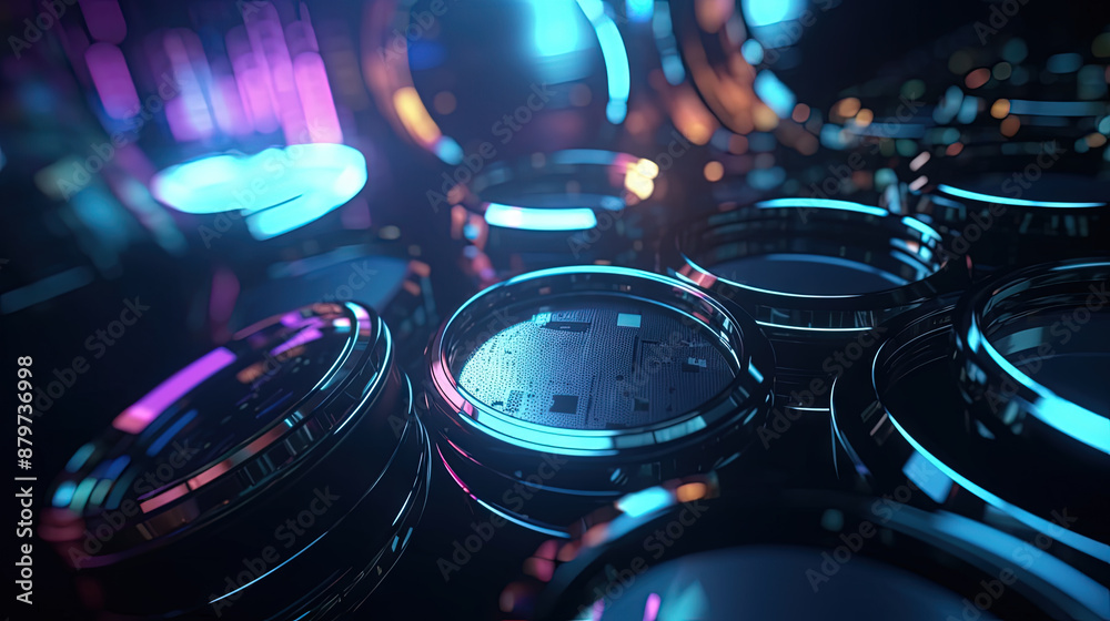 Aufkleber Technology abstract background with hud styled round interface elements in neon tech light.
