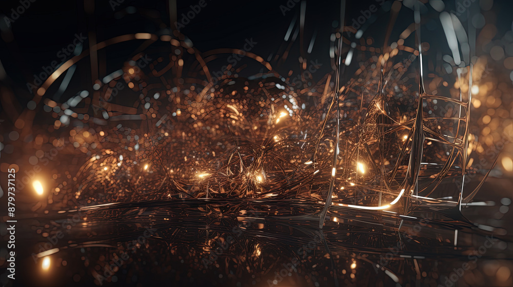 Poster Abstract burst of wires and particles on technology background. Scientific abstraction with mess of microscopic connections.