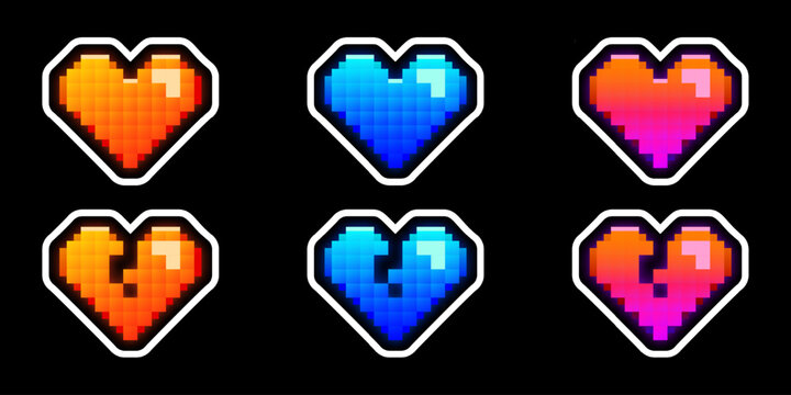 Set of vector pixelated hearts, orange, blue, pink gradient, 8 bit retro game style icons, stickers