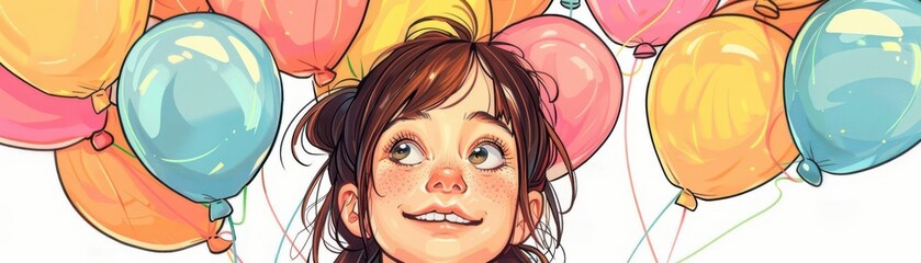 Cute girl, anime style, holding balloons, birthday theme, bright colors, isolated on white background