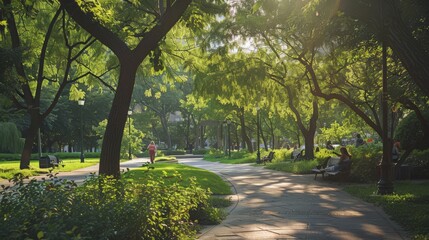 Fototapeta premium A city dweller explores urban parks and shaded streetscapes to escape the heat during