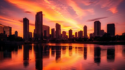 Fototapeta premium A city skyline at sunset, with skyscrapers silhouetted against a fiery orange and pink sky,