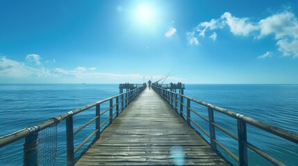 Obraz premium A coastal pier stretching into the ocean, lined with fishermen casting lines into the deep blue water under the warm summer sun.
