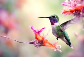 Fototapeta premium nature watercolor flora animal bird flowers digital painting illustration wildlife hummingbird flower