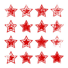 Obraz premium Red vintage stars with cracks and stains. Old hand-drawn sign, black simple shape. Retro design element with distressed effect, grunge texture. Vector illustration