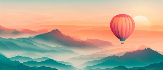 Fototapeta premium Hot air balloon journey over valleys, peaceful exploration, flat design illustration