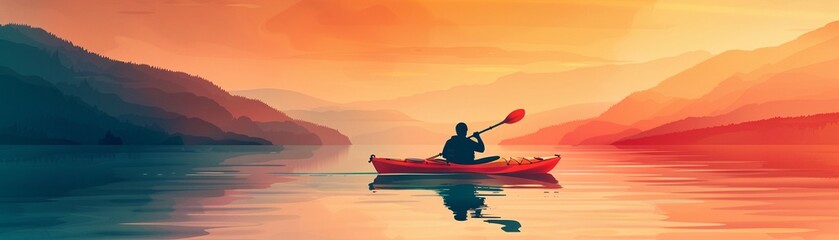 Fototapeta premium Kayaking on a tranquil lake, summer day, flat design illustration