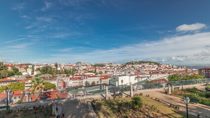 Panorama showing aerial view over the center of Lisbon timelapse from Miradouro de Sao Pedro de Alcantara