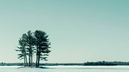 A serene winter landscape with snow-covered trees and a blanket of snow on the ground. The clear...