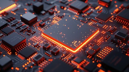 A close up of a computer chip with a bright orange glow. Generate AI image