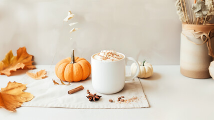 A mug of coffee with whipped cream on a table with a pumpkin and a vase of flowers. Pumpkin spice latte with autumn decor