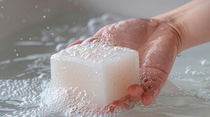 Fototapeta premium Soap bar's slippery texture caught in hand, a daily essential for maintaining personal cleanliness and hygiene