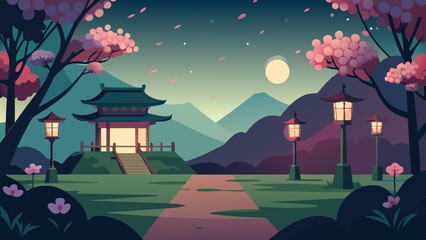 Japanese cherry garden with sakura blossoms at night landscape vector illustration. Grass glade, Chinese cherry trees with falling pink petals, and a light bulb garland