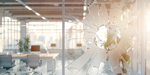 Damaged transparent glass door in a modern office with glass walls
