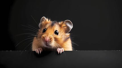 Fototapeta premium A hamster peeking over very dark black banner, on plain background, Generative AI illustrations. 