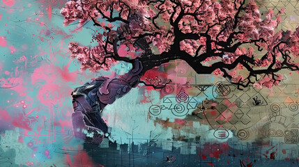 Obraz premium Wood, tree, nature, art, vintage background, products, enginer, generative, ai, steampunk, clock background, mechanical, pink, gold, gear, clock, movement, old