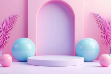 3D pastel podium with arch and decorative spheres, tropical leaves, modern illustration design for product showcase.