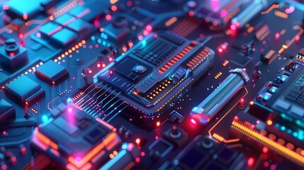 Isometric, tech, art, light pulling, reduced detail, animated lighting, depth of field, bright colors, mockup, blue background, Generative AI illustrations. 