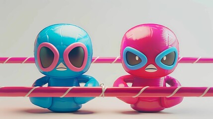 Fototapeta premium A cartoon of a wrestling characters, in a wrestling ring, Cute 3D style, pink and blue colors, plain white background, Generative AI illustrations. 