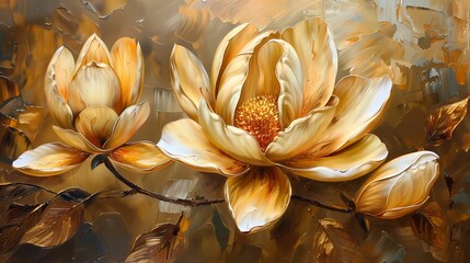 An oil painting, large golden magnolia flower, Generative AI illustrations. 