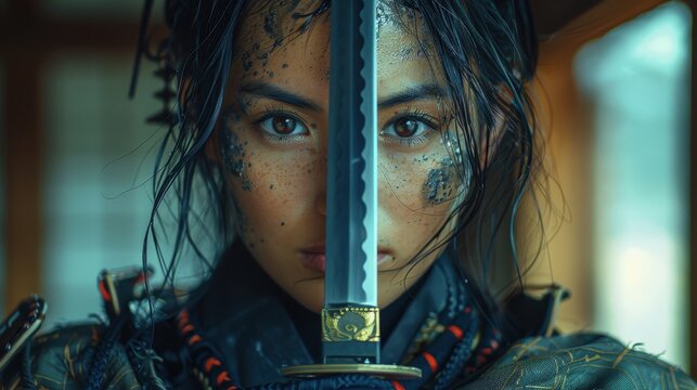 A samurai warrior, face marked with dirt, intensely focuses while holding a sword, symbolizing dedication and preparedness amidst a historical setting.