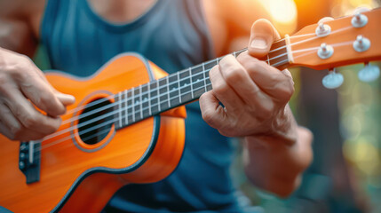 Fototapeta premium Close-up of a person playing a ukulele outdoors with natural sunlight in the background, depicting a soothing musical moment in nature.
