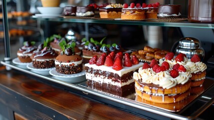 An attractive display case filled with a variety of beautifully decorated cakes, including fruit-topped and chocolate-covered cakes, at a bakery, ready to be enjoyed by customers.