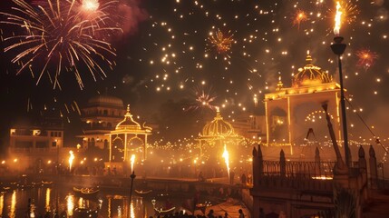 A Diwali celebration with fireworks lighting up the night sky