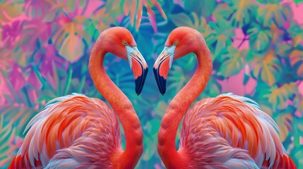 Fototapeta premium Two flamingos in a heart shape with their necks crossed, Generative AI illustrations. 
