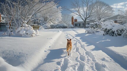 A dog frolics in the snow, leaving playful tracks in a backyard transformed into a winter wonderland
