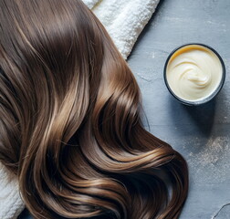 Female hair and hair mask on grey background top view, flat lay. copy space. Self care, hair treatment concept template.