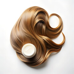 Obraz premium Female hair and hair mask isolated on white background top view, flat lay. copy space. Self care, hair treatment concept template.