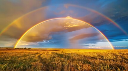 Naklejka premium A double rainbow stretches across a wide-open prairie, the colors standing out against the vast, open sky.