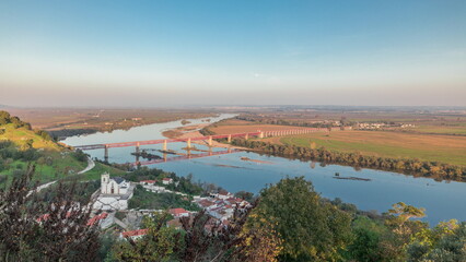 Fototapeta premium Panorama showing the Castle of Almourol on hill in Santarem aerial timelapse. Portugal