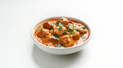 Chicken Tikka Masala - Chunks of juicy chicken in a creamy, vibrant orange-red curry sauce, garnished with cilantro, on white background