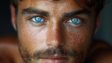 Fototapeta premium A close-up image of a man with bright blue eyes, visible freckles, and slight stubble, capturing the intricate details and texture of his skin with an intense, focused look.