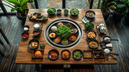 Wooden hot pot table with individual dipping sauces and condiments for customization.