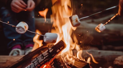 A family roasts marshmallows over a campfire, the gooey treats a simple pleasure enjoyed in the glow of the flames.