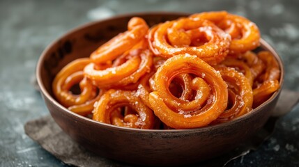 Bowl of freshly made Jalebi, placed on a dark surface
