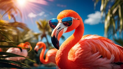 Cool flamingo wearing sunglasses in tropical paradise with warm sunlight. Generative AI