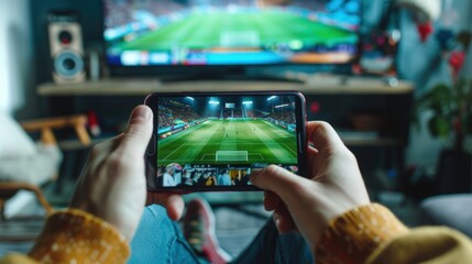 A person is holding a cell phone and watching a soccer game. Generate AI image