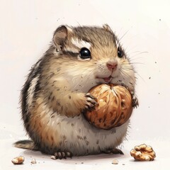  Cute chipmunk with a nut, sticker, cartoon drawing, simple, character, kawaii, simple, background